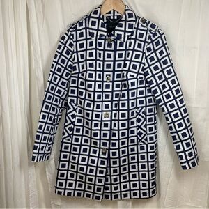 Talbots 100% Cotton Navy‎ & White Square Geometric Print Rain Trench Coat Size 2